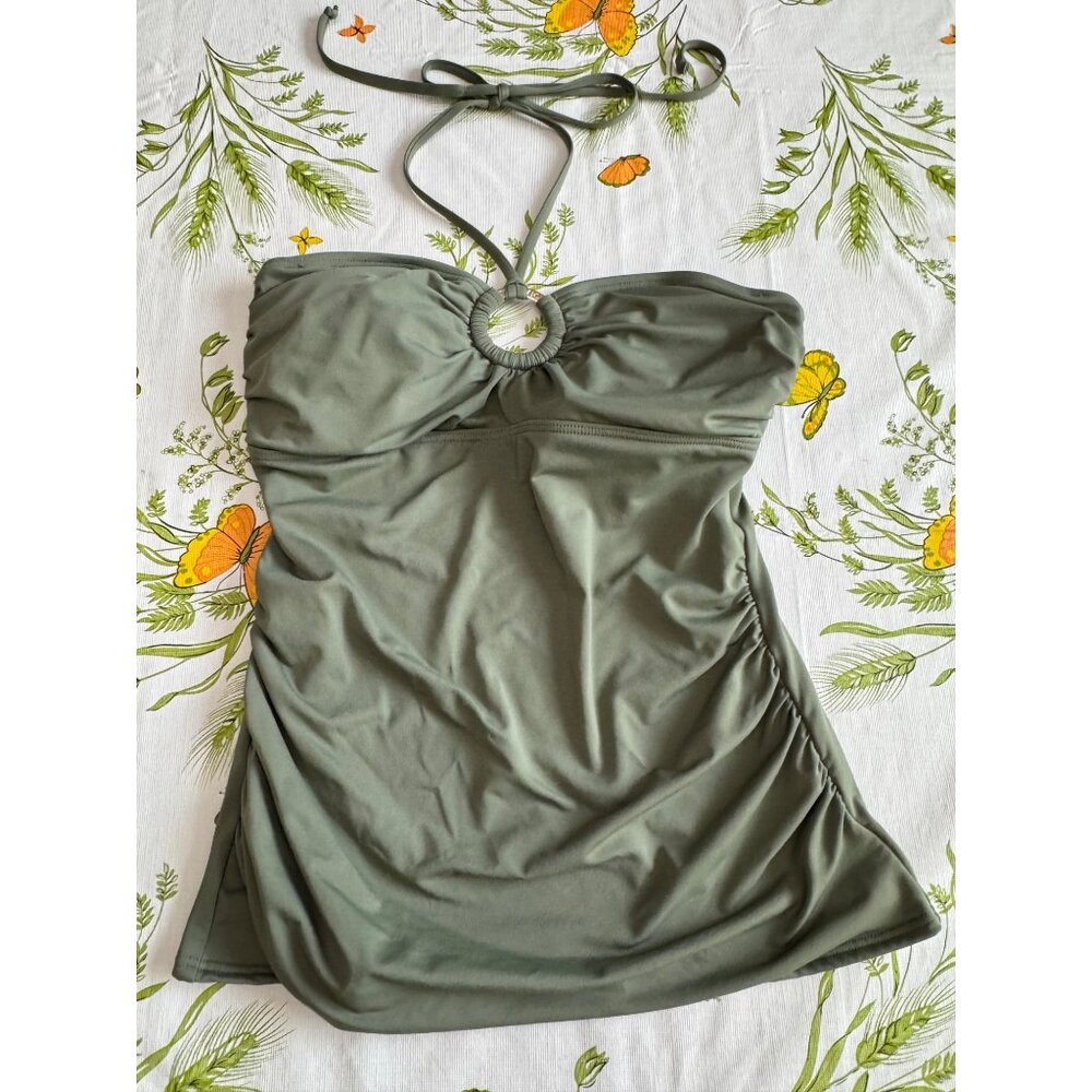 Michael Kors Olive Green Halter Tankini Swim Top W/ Gold Ring Detail & Ruched  S